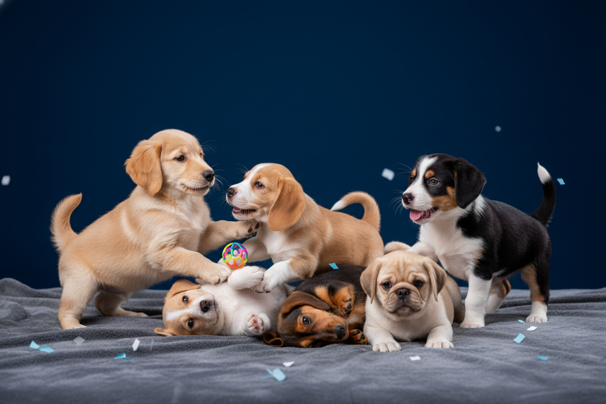 a group of puppies playing with a navy blue background 