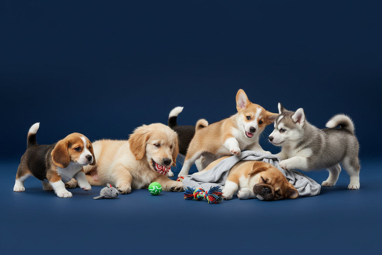 puppies playing on a navy blue background